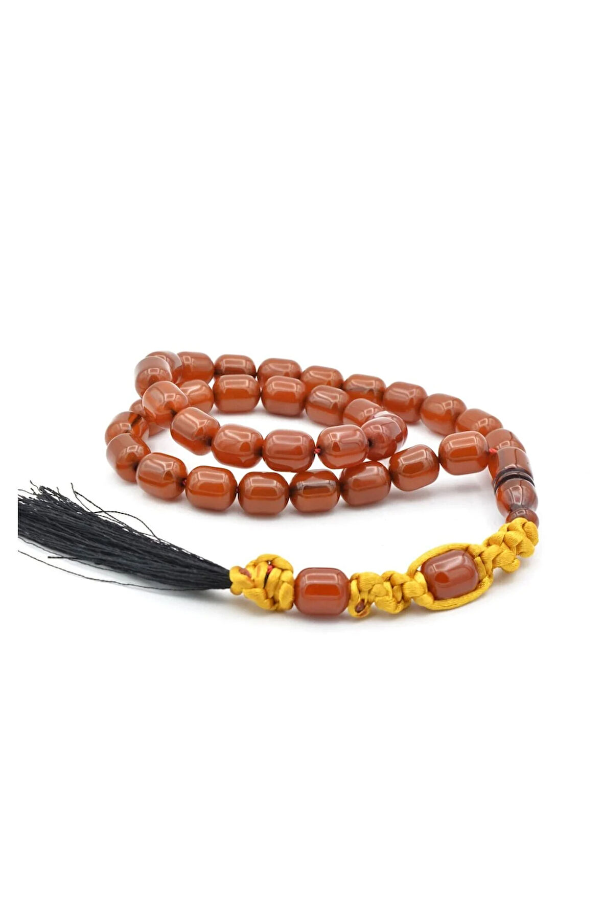 Makrome Model Fıçı Kesim Koyu Sarı Sıkma Kehribar Tesbih