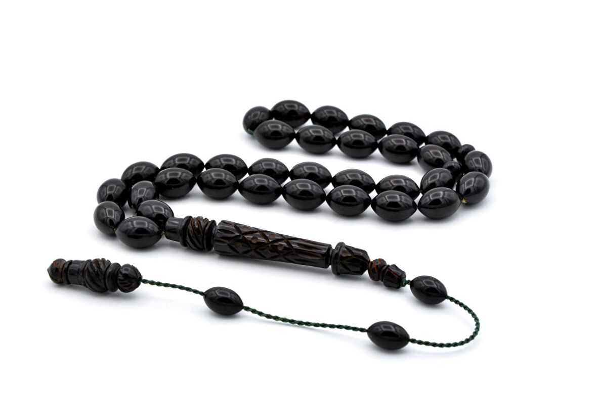 MUSTAFA UYSAL USTA YAPIMI OYMA İMAMELİ KOYU YEŞİL SIKMA KEHRİBAR TESBİH