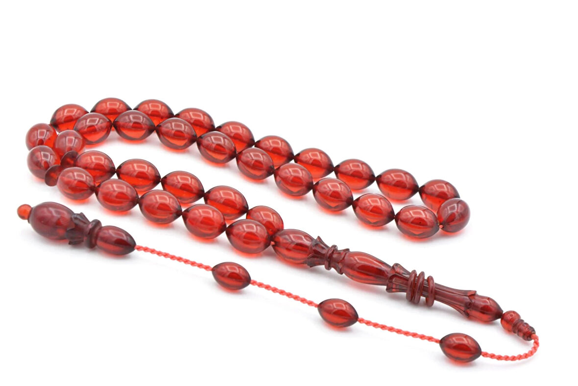 ABDULLAH ÖNER USTA YAPIMI OYMA İMAMELİ KIRMIZI SIKMA KEHRİBAR TESBİH İRİ