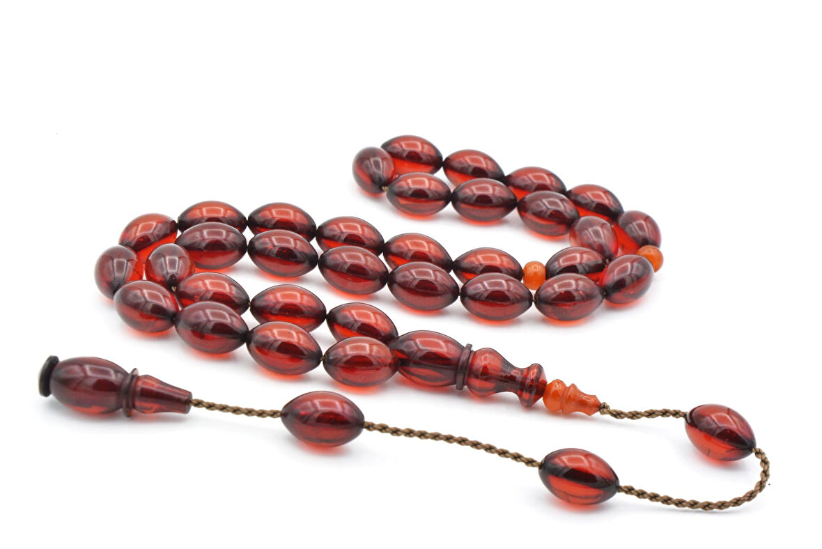 Usta Işi Sistemli Arpa Kesim Turuncu Sıkma Kehribar Tesbih 053