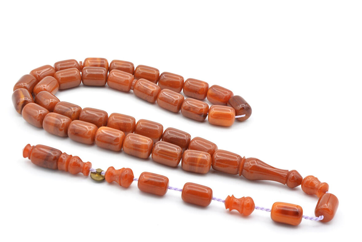 USTA İMZALI SİSTEMLİ KAPSÜL KESİM KİREMİT RENGİ SIKMA KEHRİBAR TESBİH 131