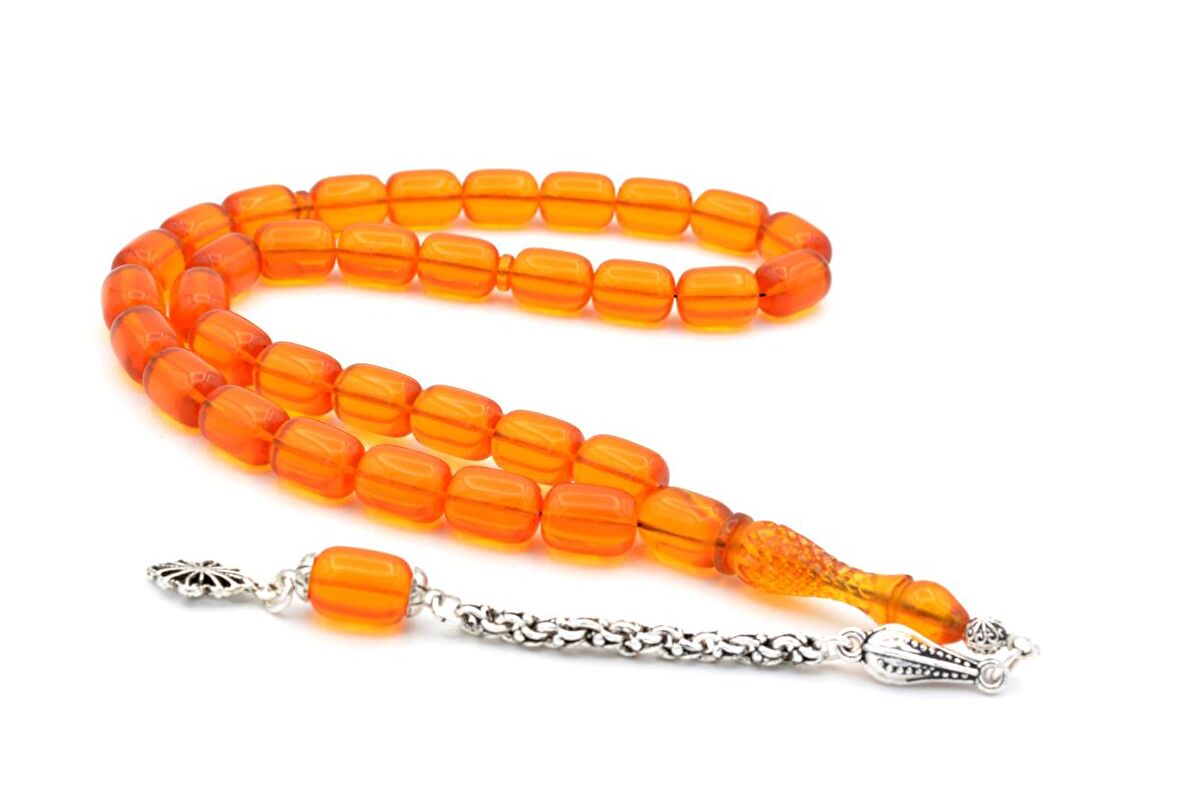 ARNAVUT KAMÇILI KALEM İŞİ İMAMELİ TURUNCU SIKMA KEHRİBAR TESBİH 011