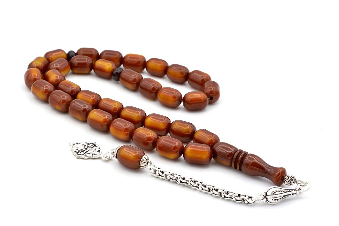 Fıçı Kesim Alacalı Kahverengi Sıkma Kehribar Tesbih 027