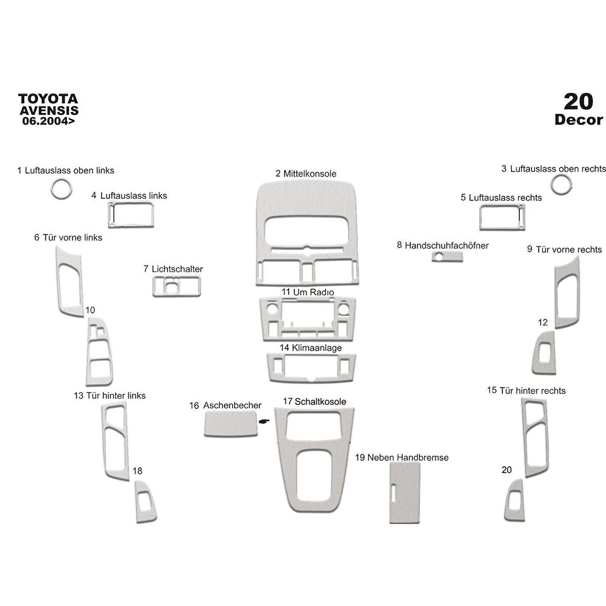 Meriç® Toyota Avensis Ön Torpido Kaplama 20 Parça 2004-2005