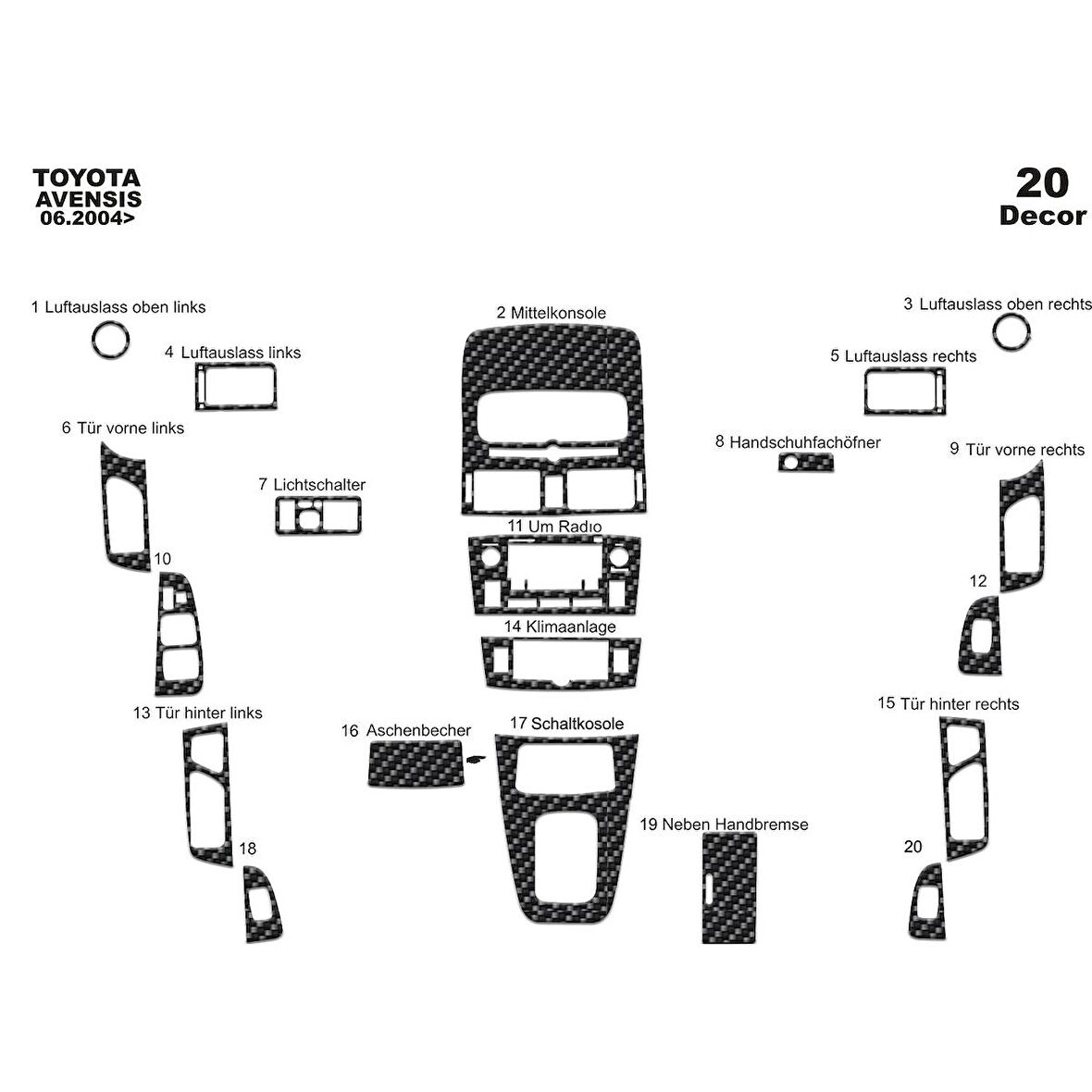 Meriç® Toyota Avensis Ön Torpido Kaplama 20 Parça 2004-2005