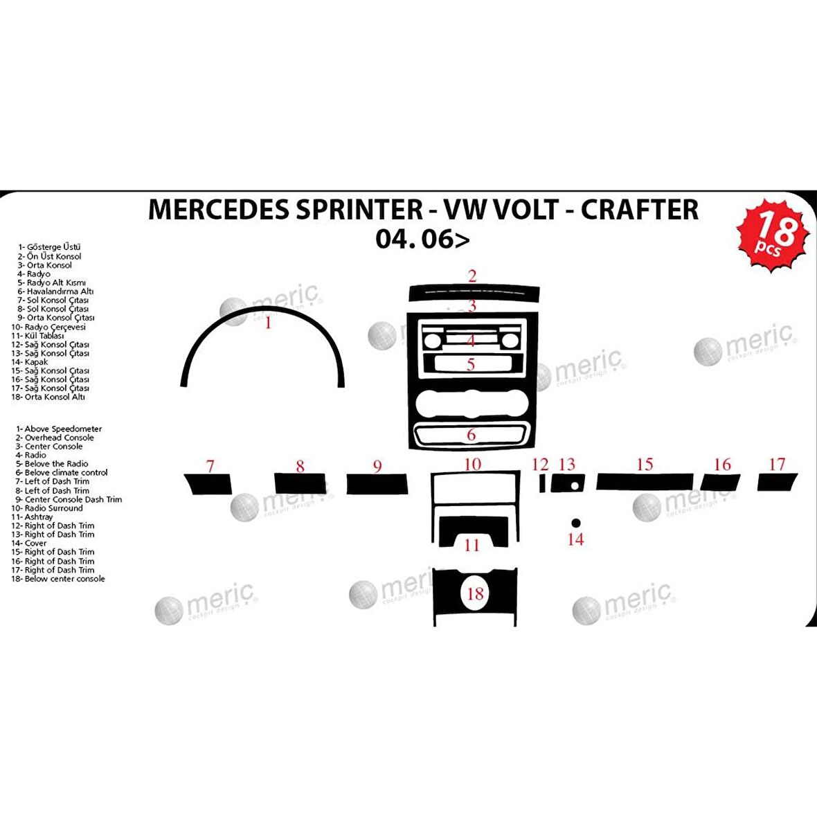 Meriç® Mercedes Sprinter Ön Torpido Kaplama 18 Parça 2006-2014