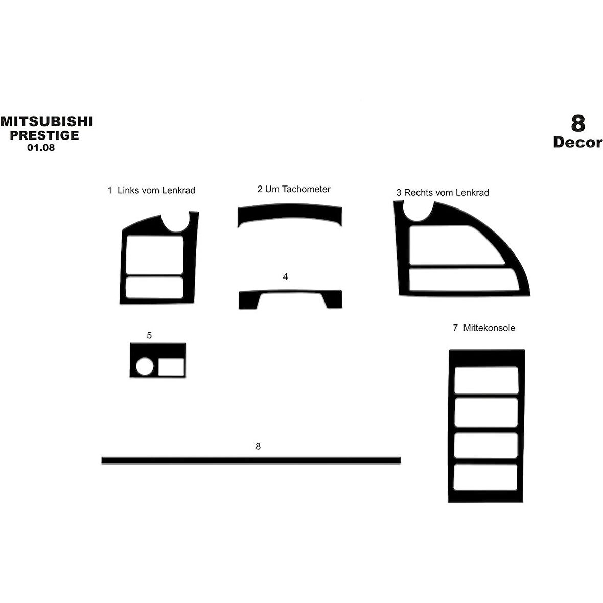 Meriç® Mitsubishi Prestige Delux Ön Torpido Kaplama 8 Parça 2008-2010