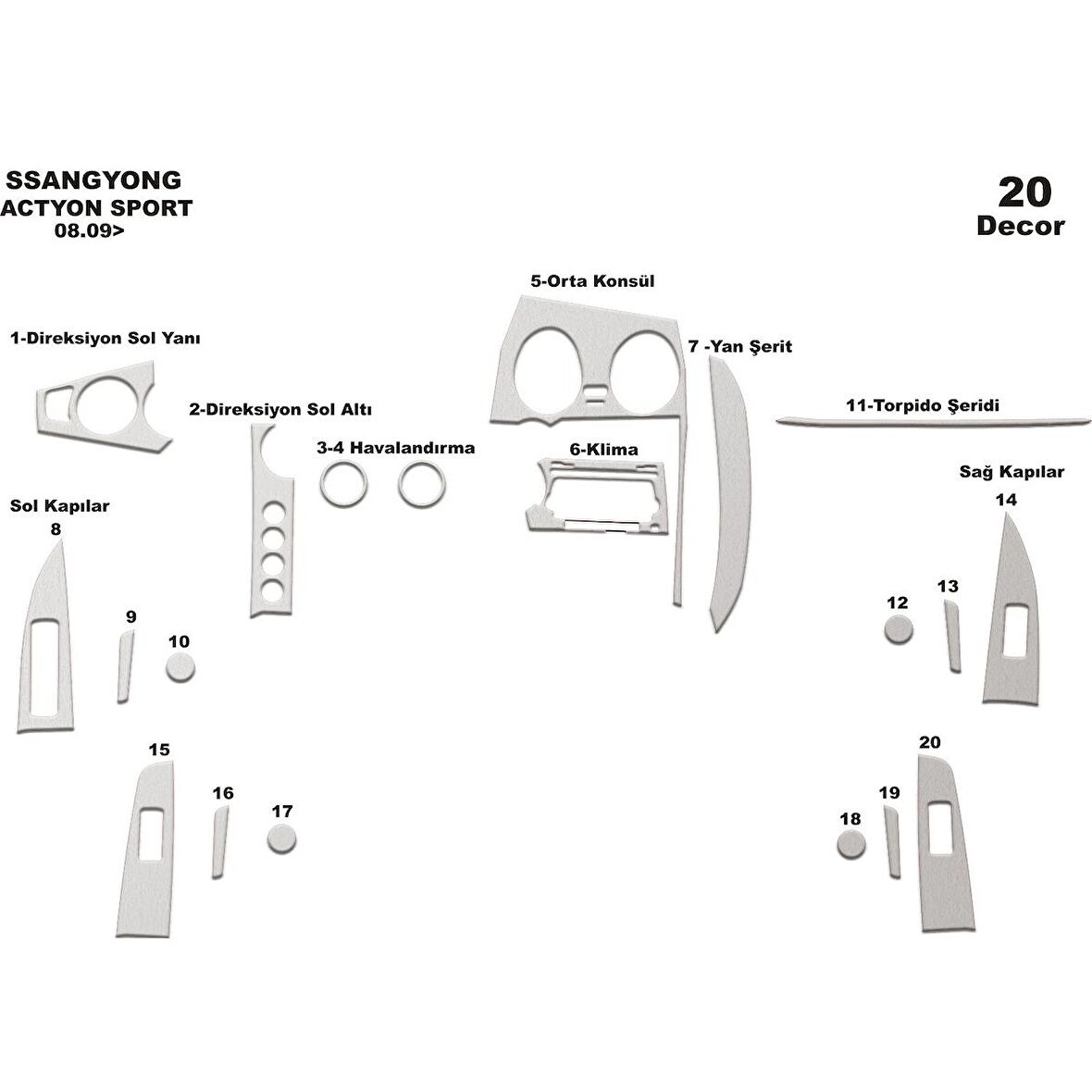 Meriç® Ssangyong Actyon Sport Ön Torpido Kaplama 20 Parça 2009-›
