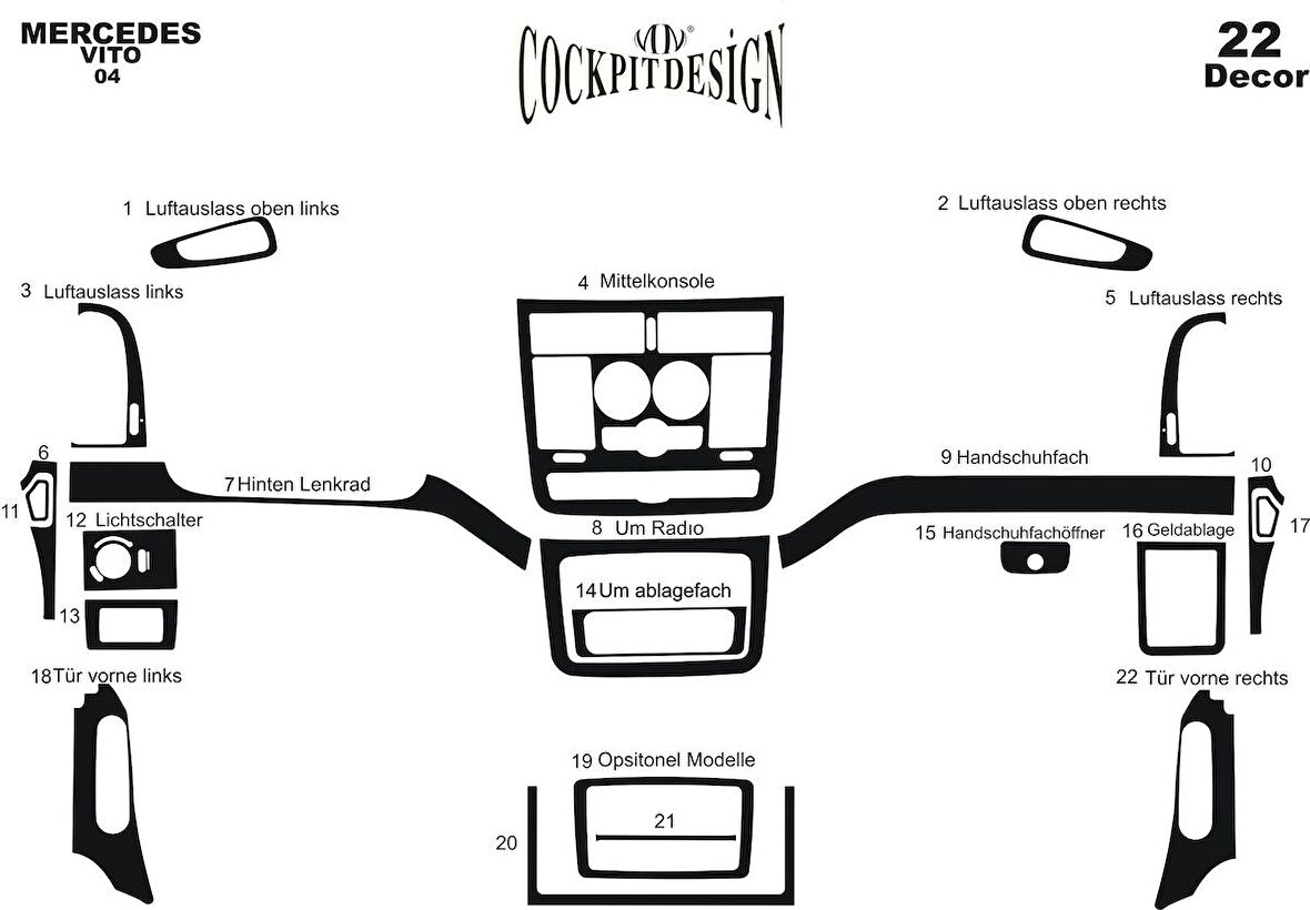 Meriç® Mercedes Vito Ön Torpido Kaplama 22 Parça 2004-2006