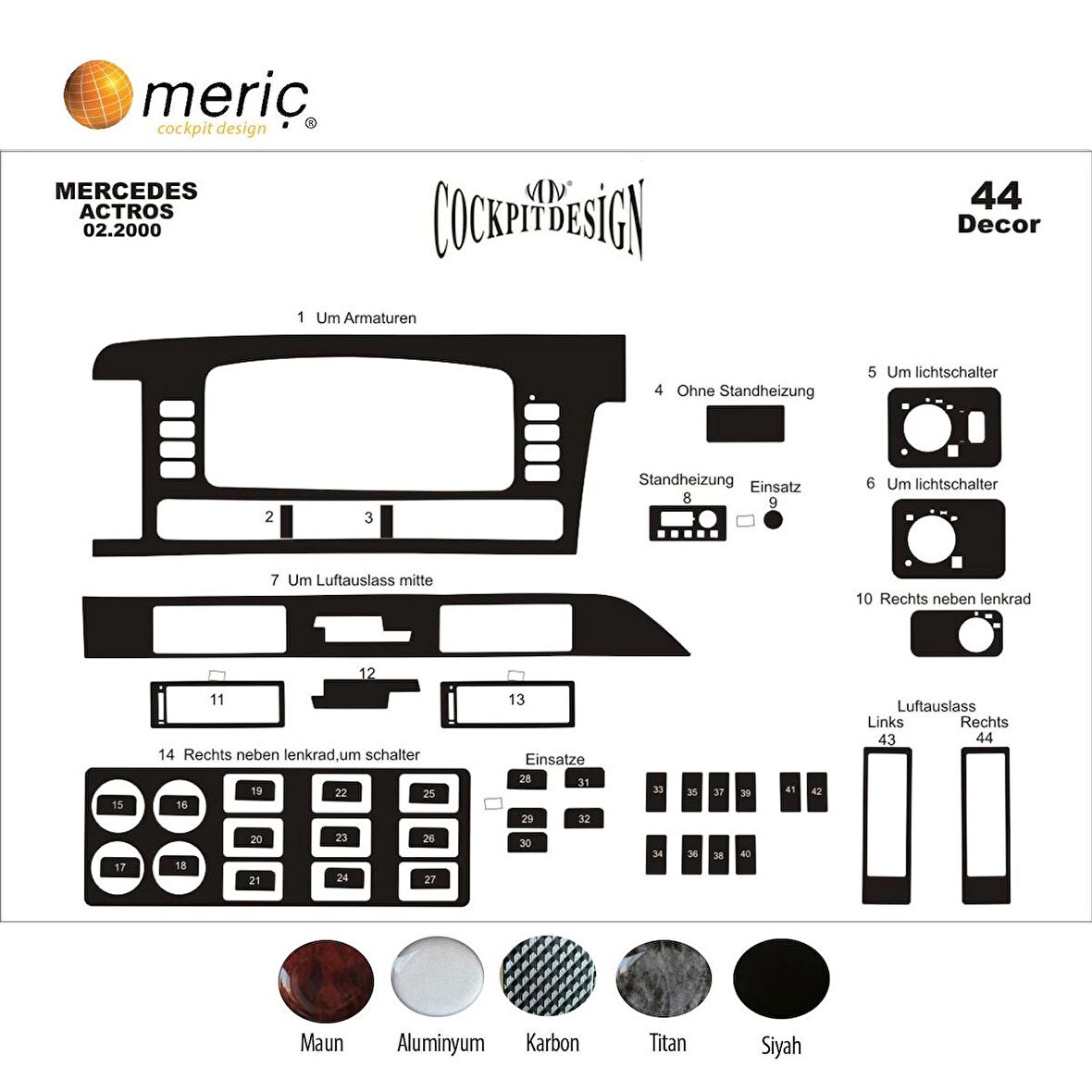 Meriç® Mercedes Actros Ön Torpido Kaplama 44 Parça 2000-2003