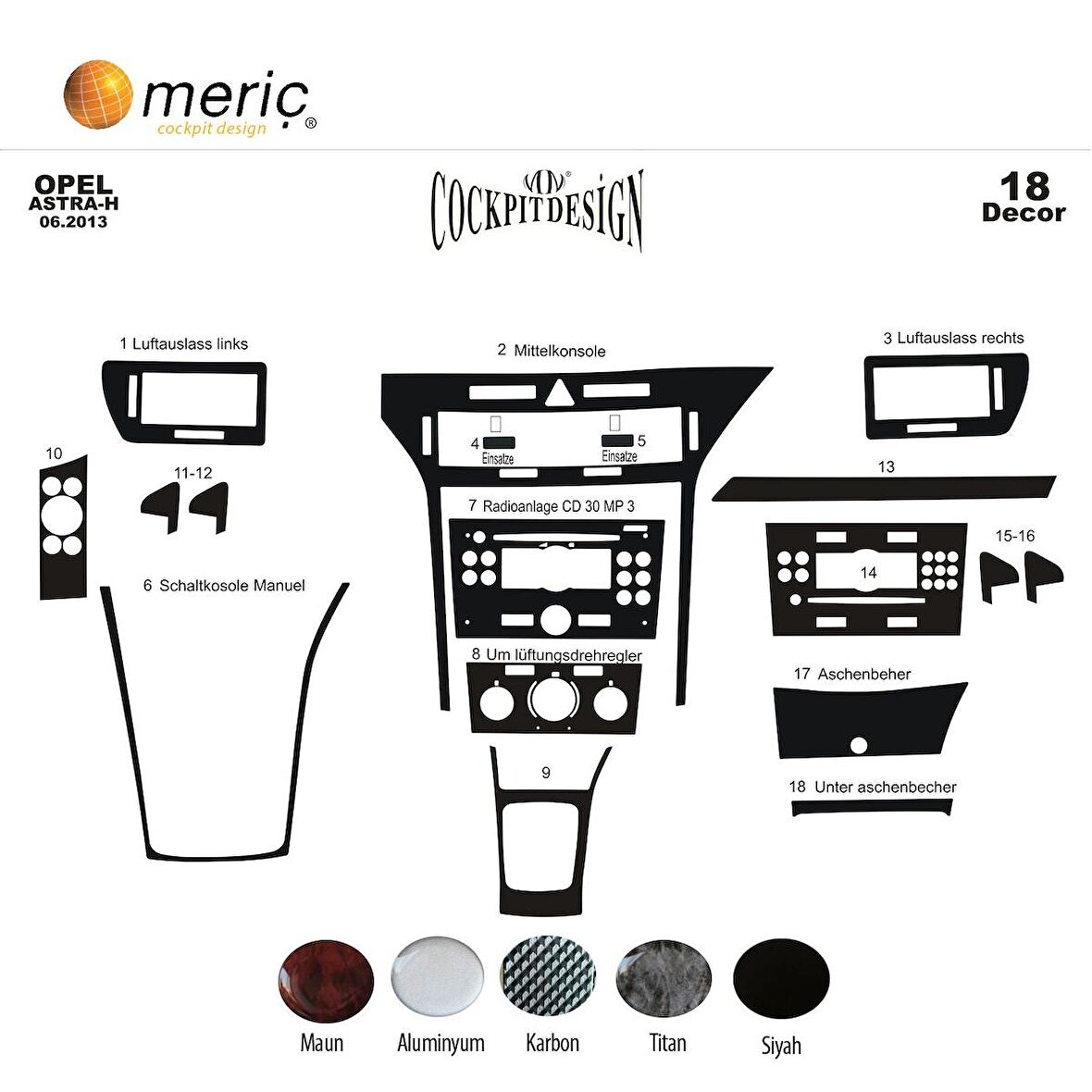 Meriç® Opel Astra H Ön Torpido Kaplama 18 Parça 2004-2015