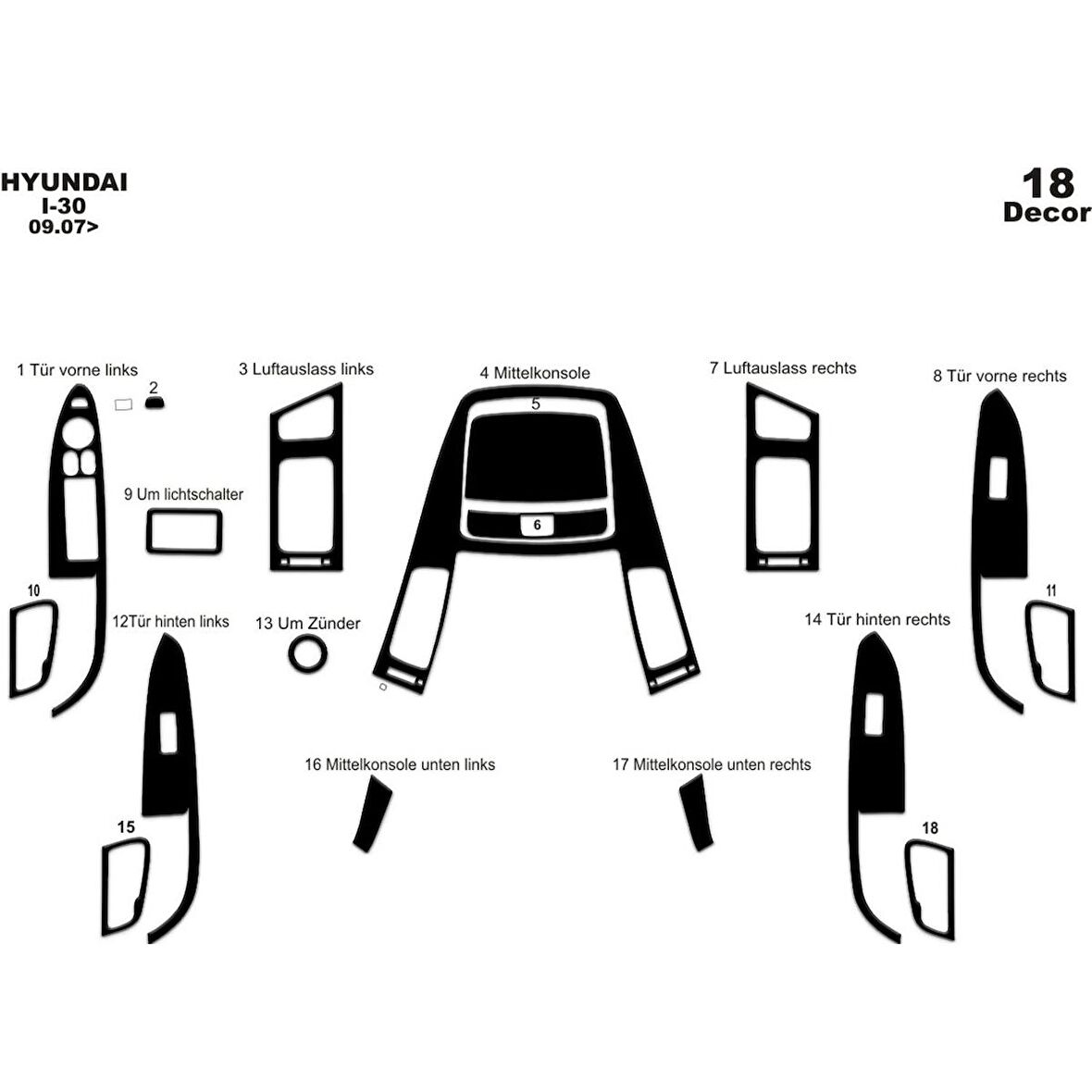 Meriç® Hyundai i30 Ön Torpido Kaplama 18 Parça 2007-2012
