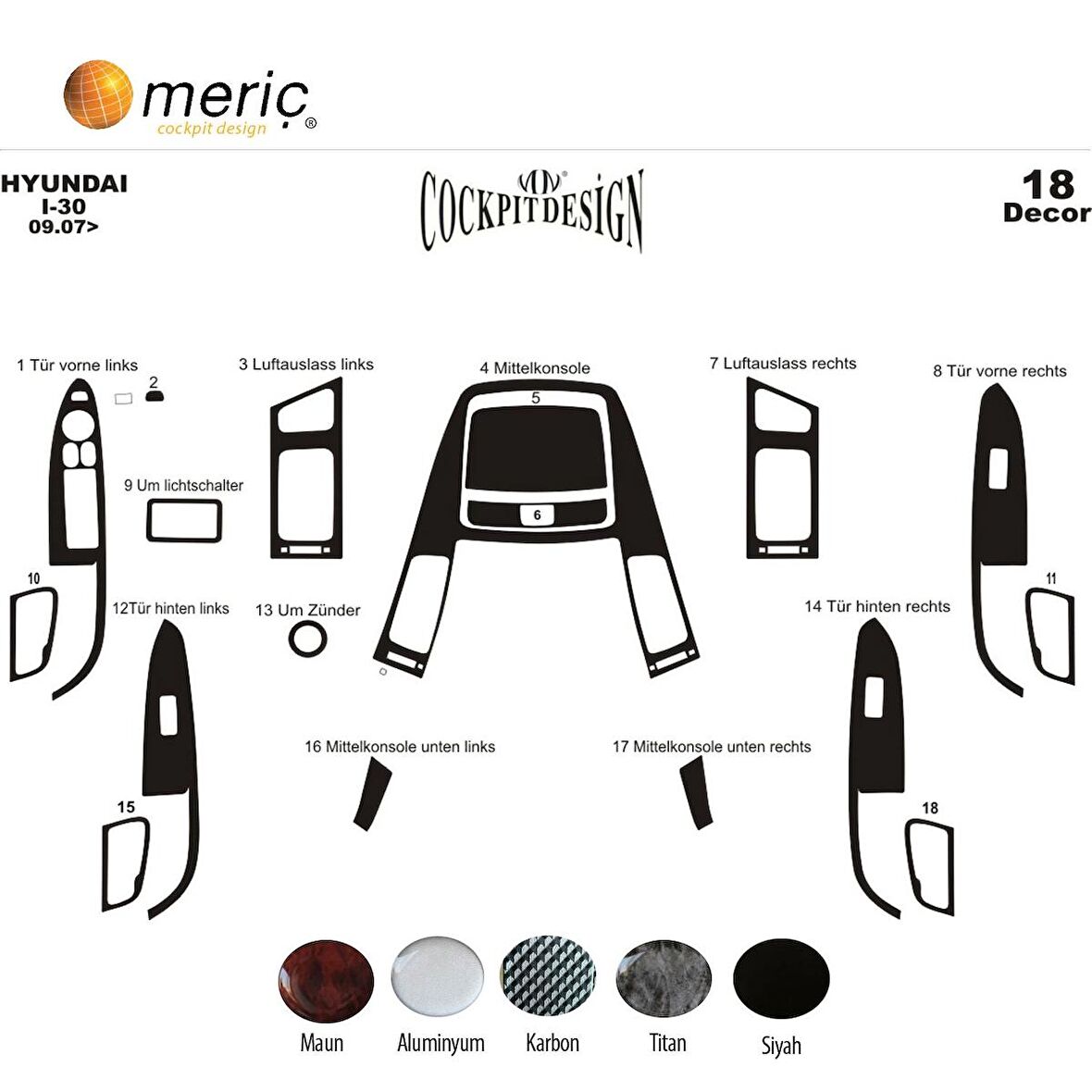 Meriç® Hyundai i30 Ön Torpido Kaplama 18 Parça 2007-2012