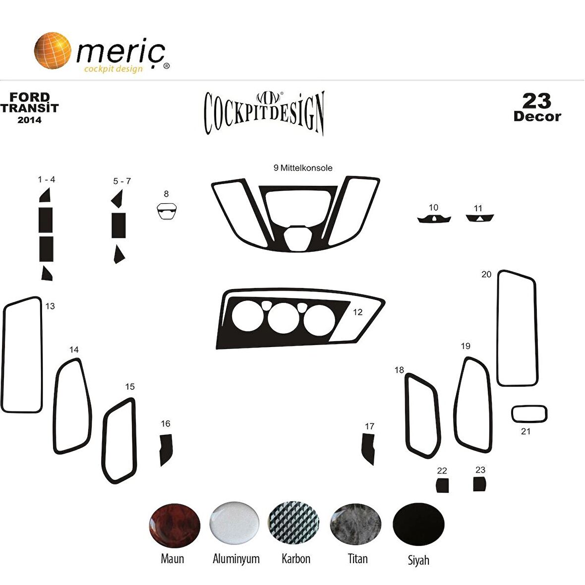 Meriç® Ford Transit Ön Torpido Kaplama 23 Parça 2014-2019