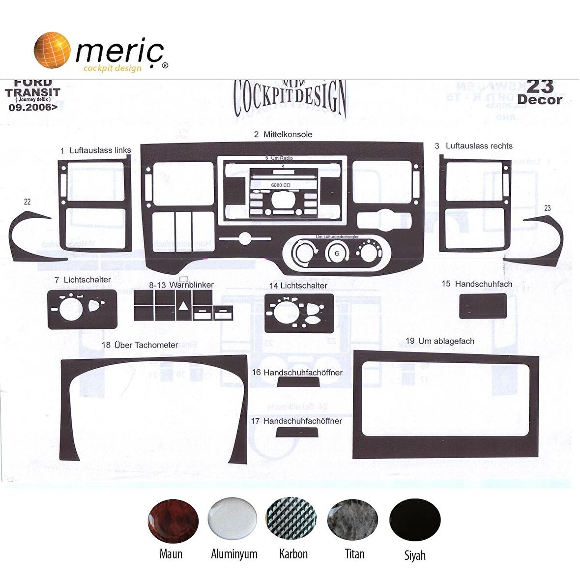 Meriç® Ford Transit Journey Ön Torpido Kaplama 23 Parça 2006-2010