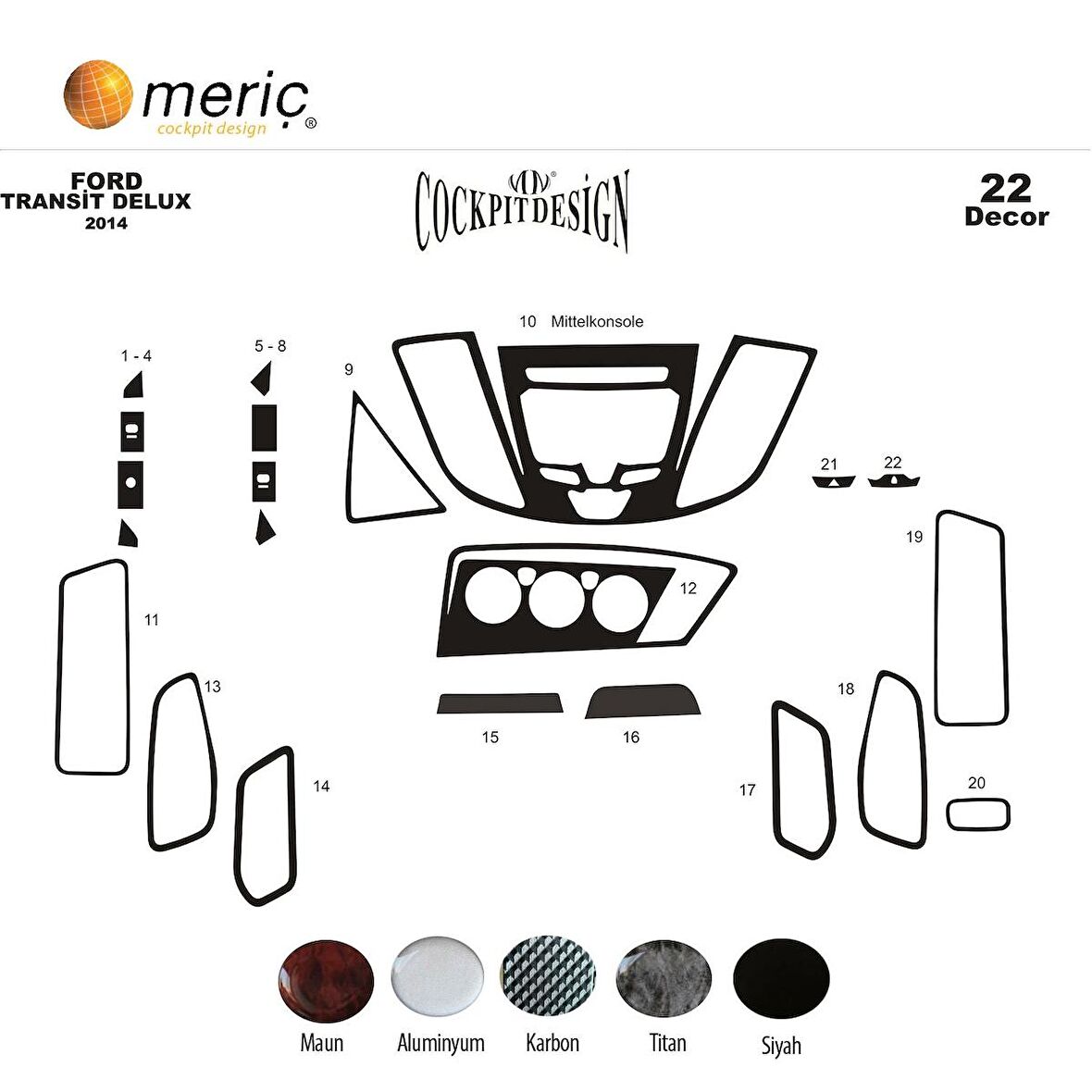 Meriç® Ford Transit Delux Ön Torpido Kaplama 22 Parça 2014-2019
