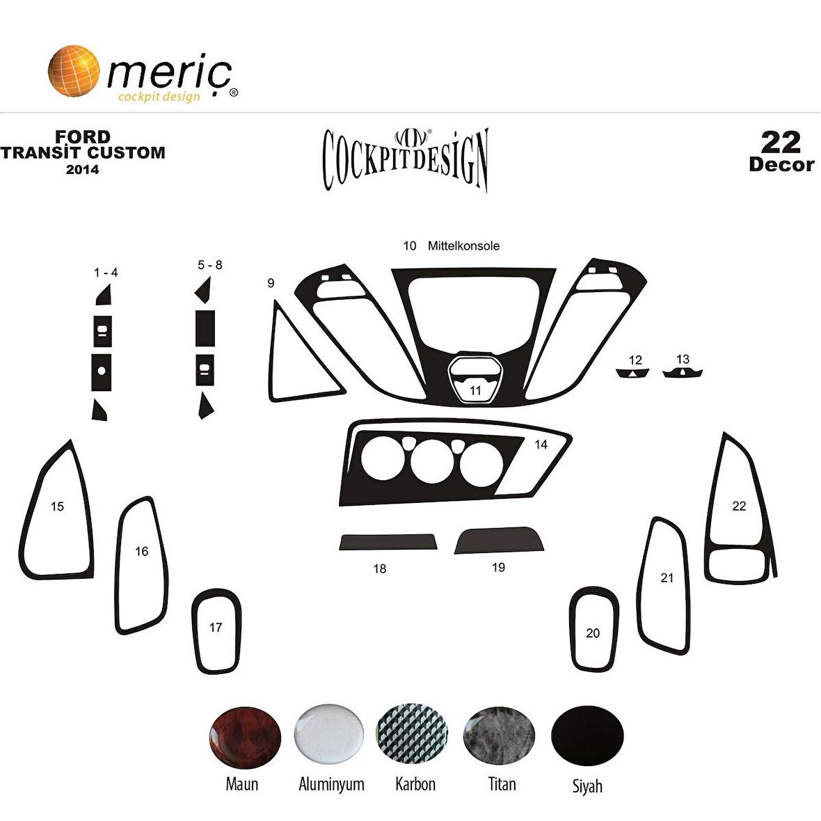 Meriç® Ford Transit Custom Ön Torpido Kaplama 22 Parça 2014-2017