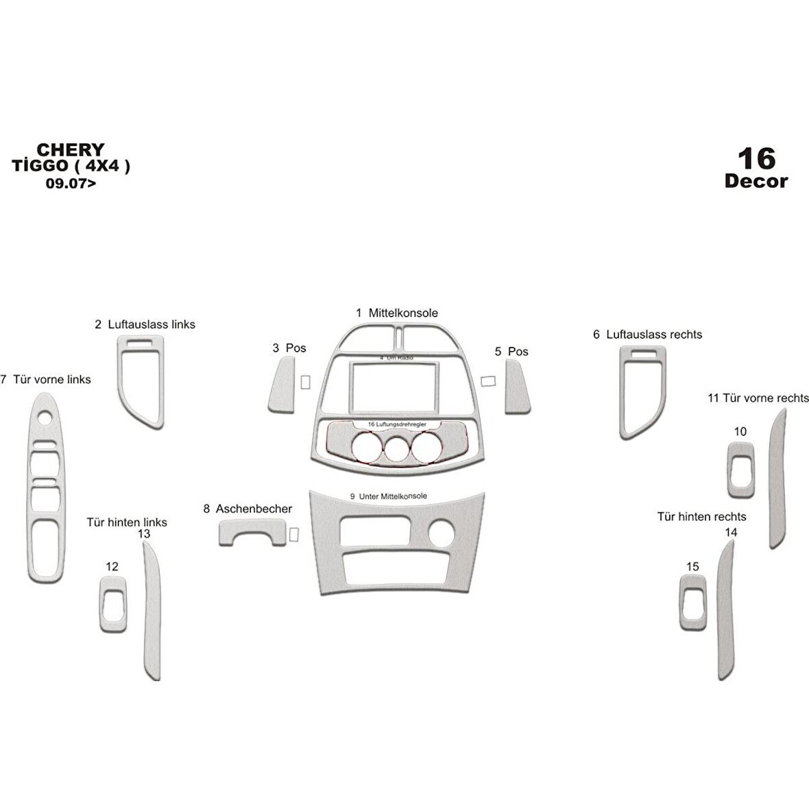 Meriç® Chery Tiggo 4x4 Ön Torpido Kaplama 16 Parça 2007-2015