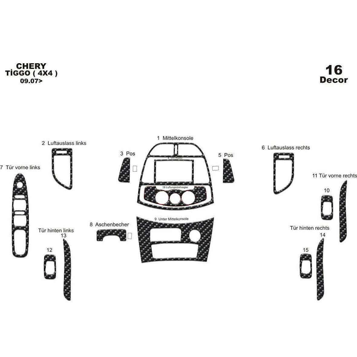 Meriç® Chery Tiggo 4x4 Ön Torpido Kaplama 16 Parça 2007-2015