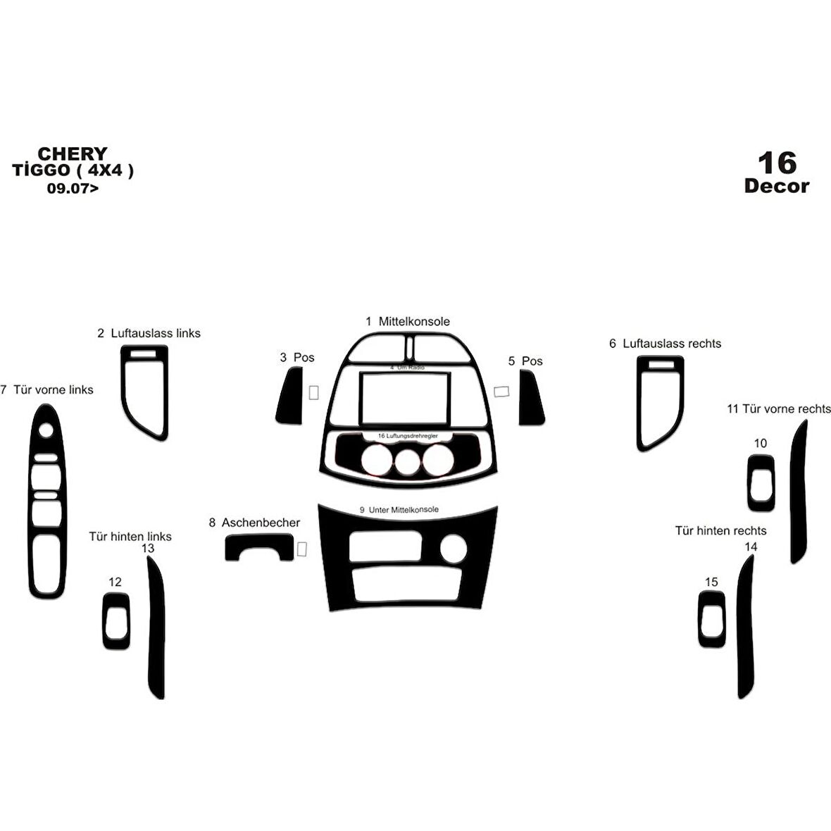 Meriç® Chery Tiggo 4x4 Ön Torpido Kaplama 16 Parça 2007-2015