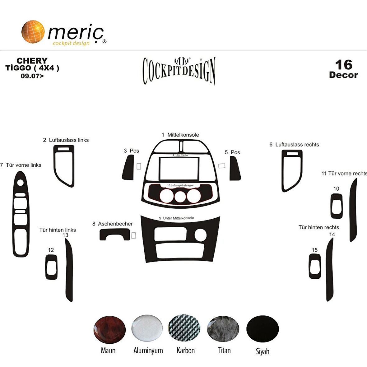 Meriç® Chery Tiggo 4x4 Ön Torpido Kaplama 16 Parça 2007-2015
