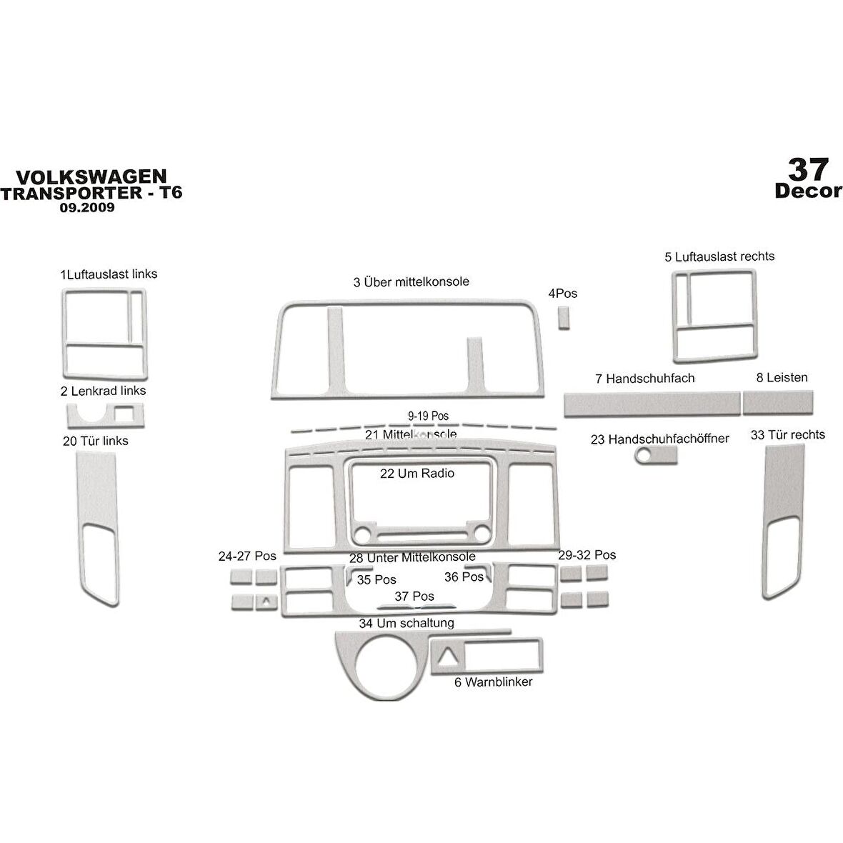 Meriç® VW Transporter T6 Ön Torpido Kaplama 37 Parça 2015-2019