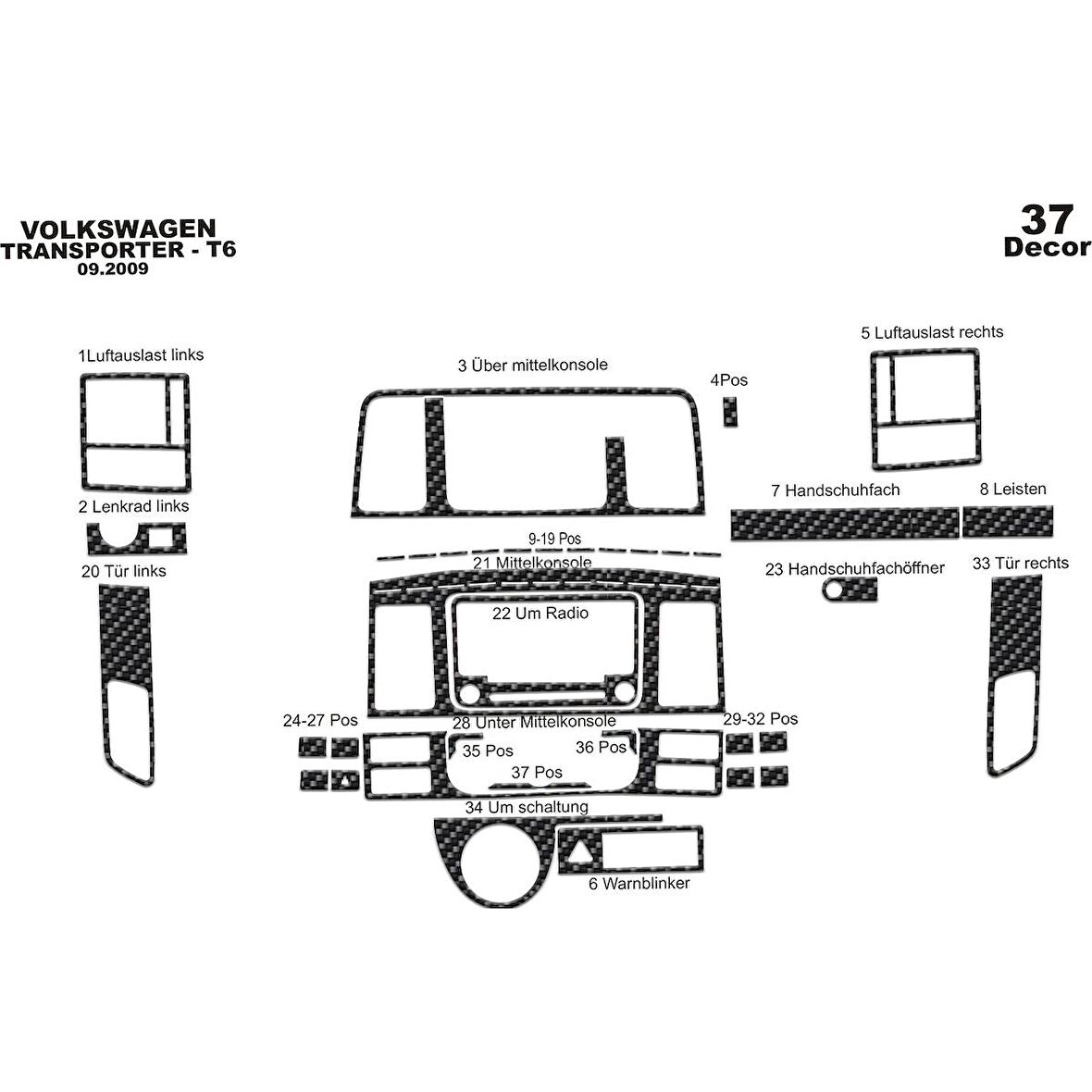 Meriç® VW Transporter T6 Ön Torpido Kaplama 37 Parça 2015-2019