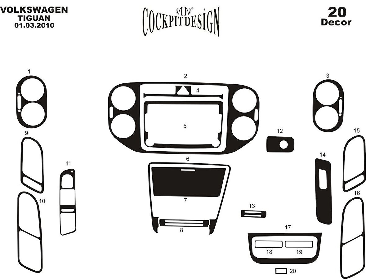 Meriç® Volkswagen Tiguan Ön Torpido Kaplama 20 Parça 2011-2015