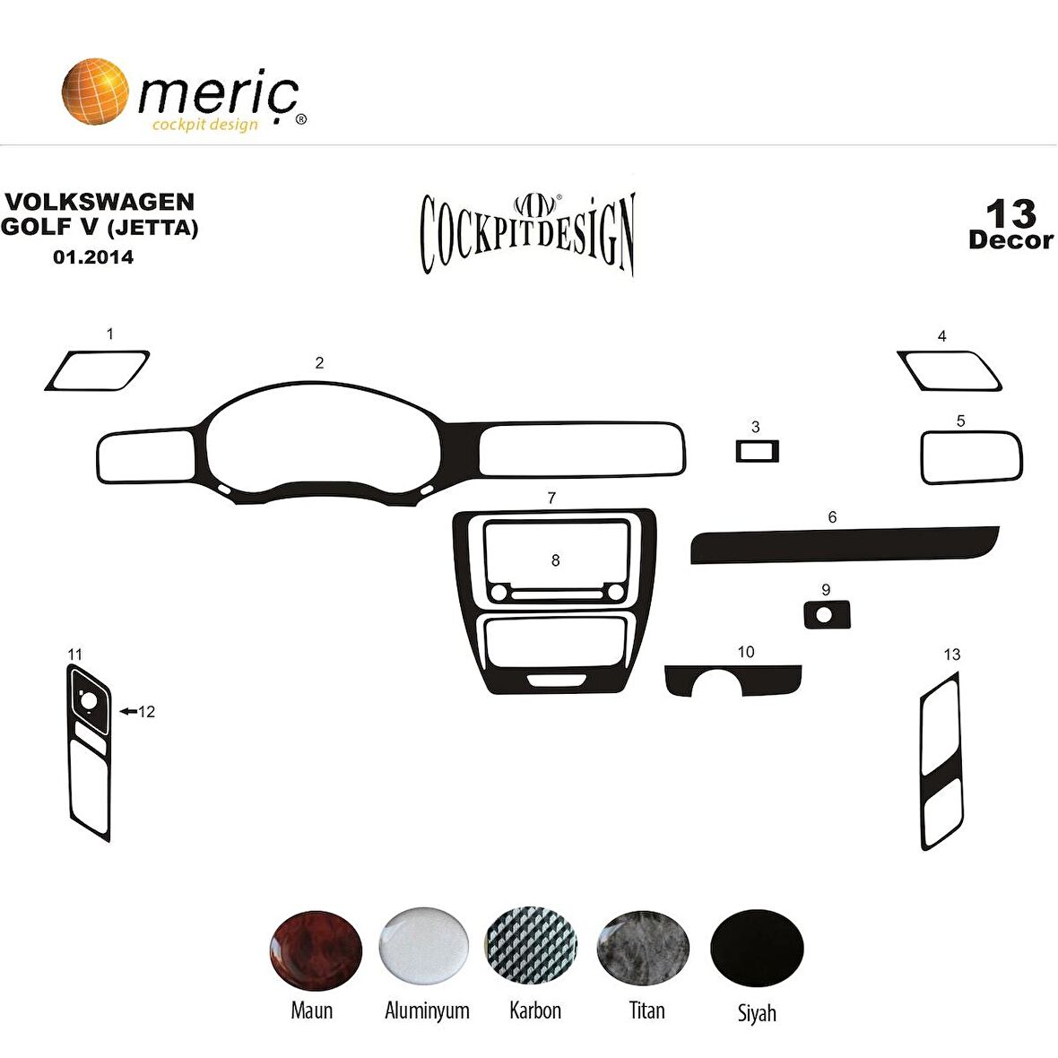 Meriç® Volkswagen Jetta Ön Torpido Kaplama 13 Parça 2013-›
