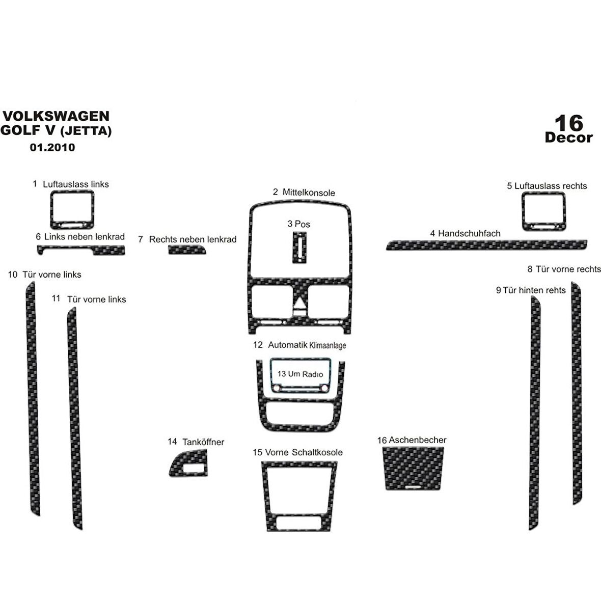 Meriç® Volkswagen Jetta Ön Torpido Kaplama 16 Parça 2010-2012