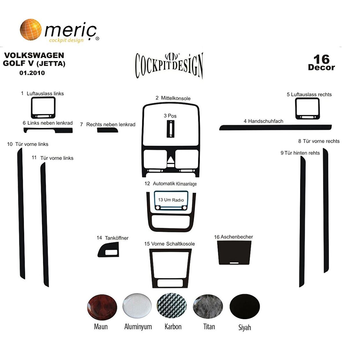 Meriç® Volkswagen Jetta Ön Torpido Kaplama 16 Parça 2010-2012
