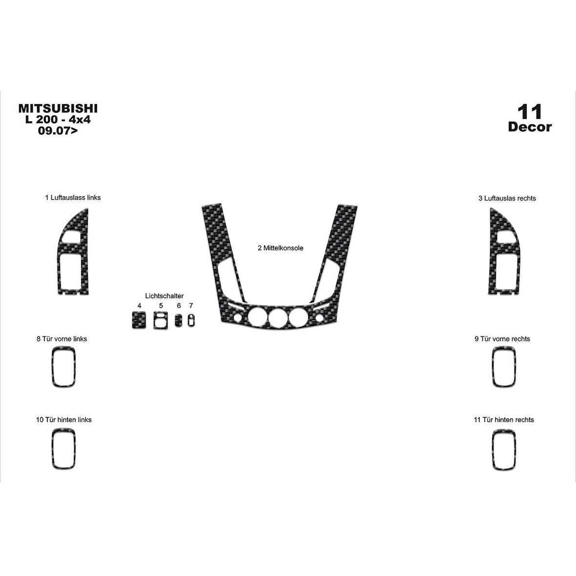 Meriç® Mitsubishi L200 4x4 Ön Torpido Kaplama 11 Parça 2007-2013