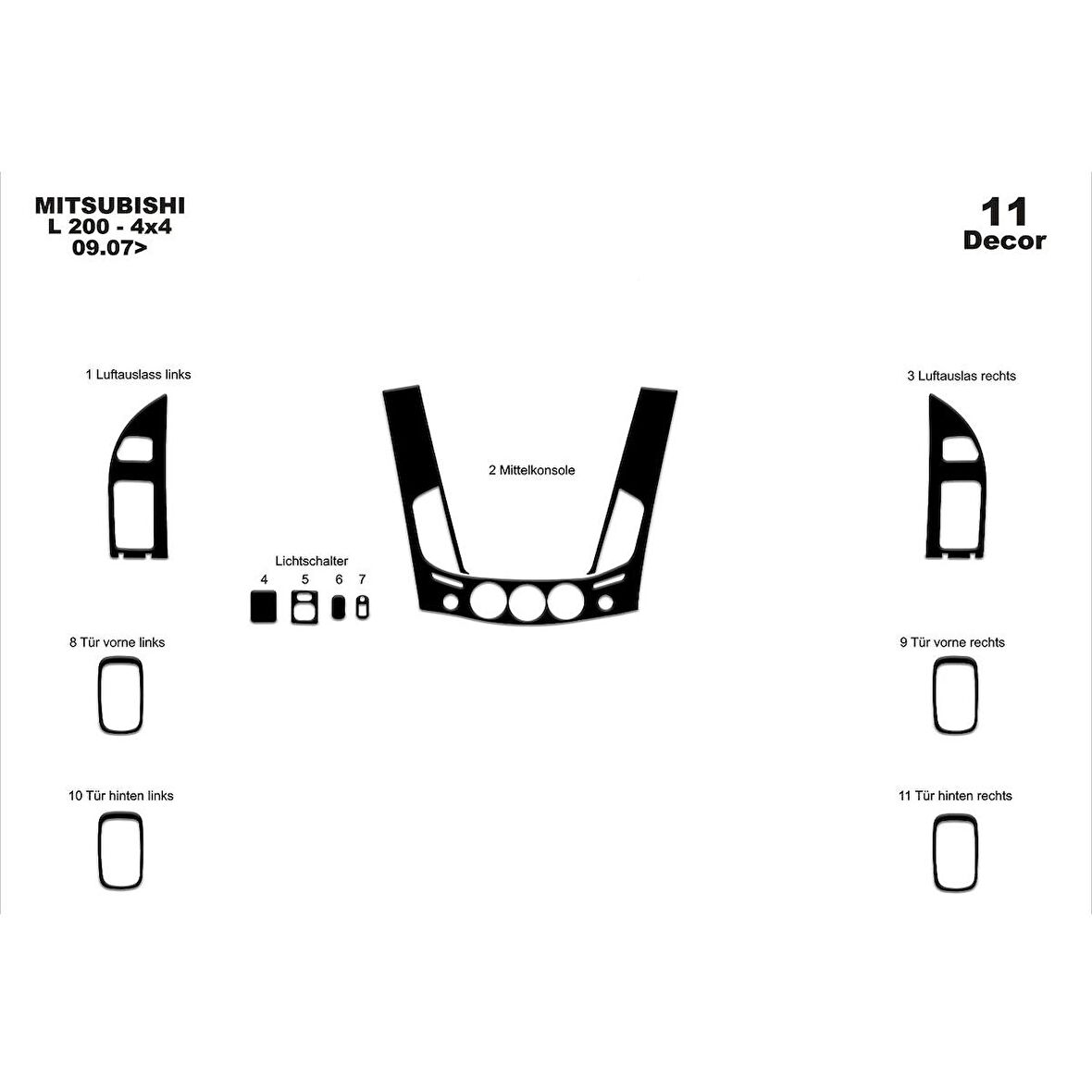 Meriç® Mitsubishi L200 4x4 Ön Torpido Kaplama 11 Parça 2007-2013