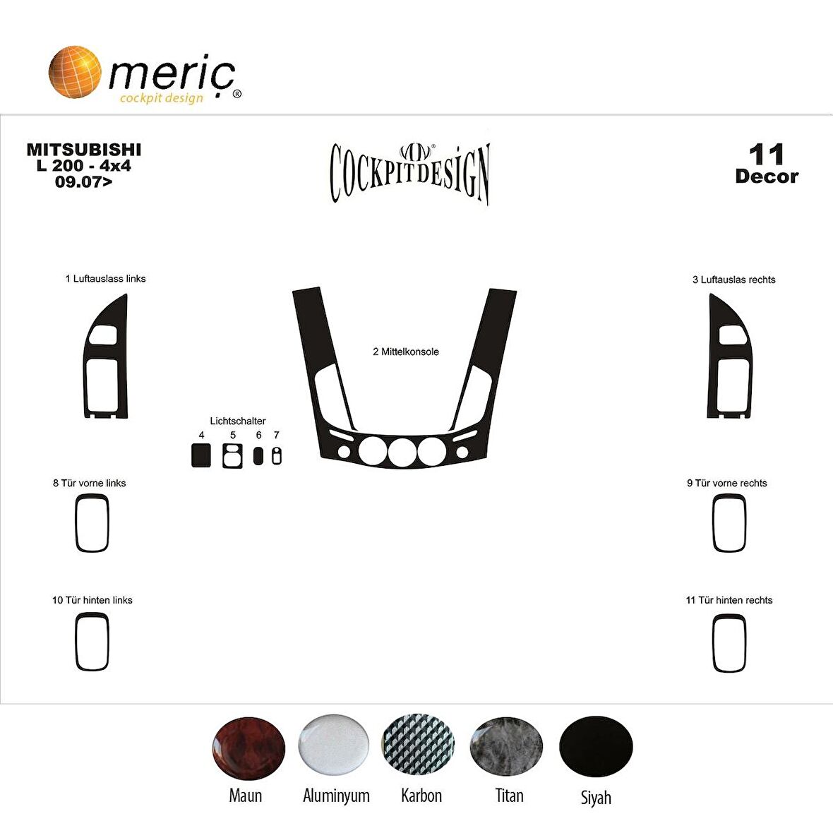 Meriç® Mitsubishi L200 4x4 Ön Torpido Kaplama 11 Parça 2007-2013