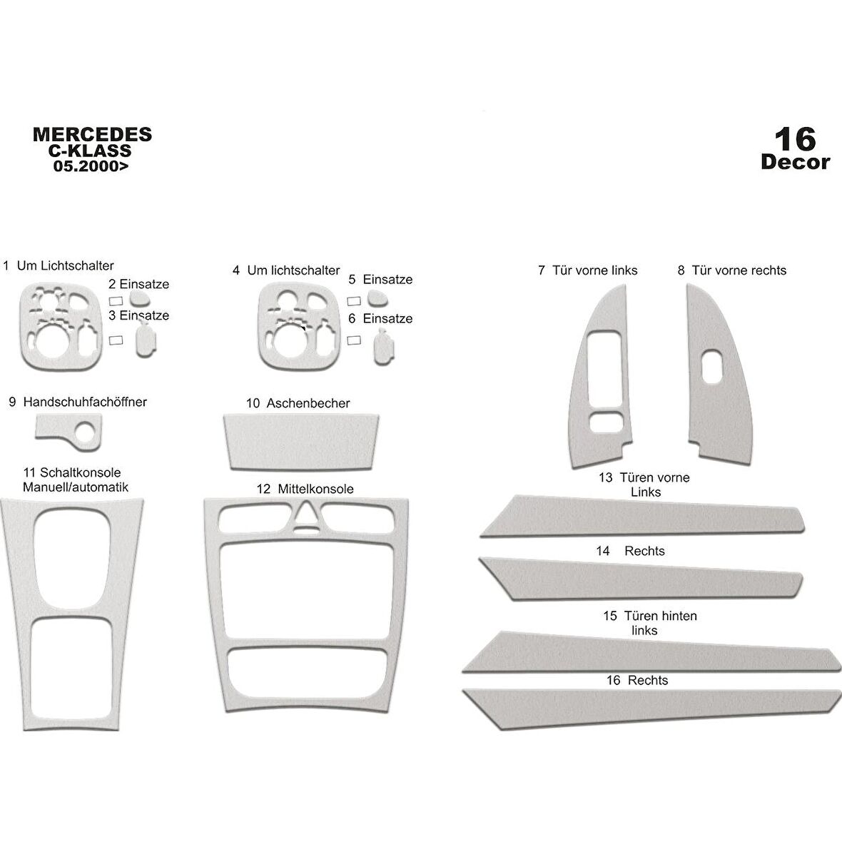 Meriç® Mercedes C Serisi Ön Torpido Kaplama 16 Parça 2000-2006