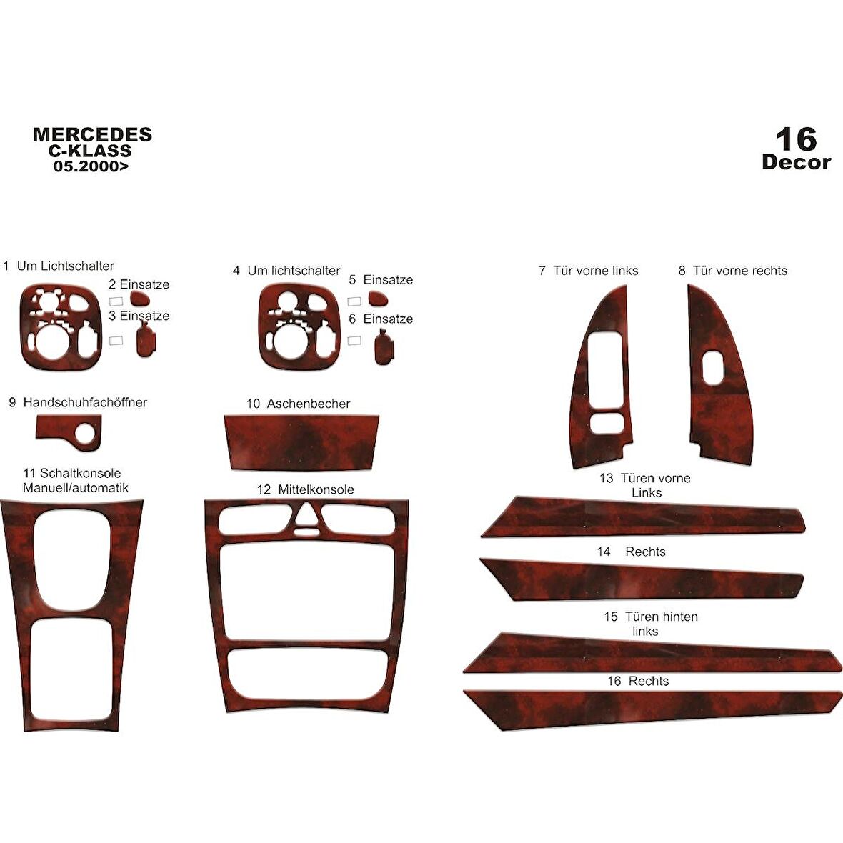 Meriç® Mercedes C Serisi Ön Torpido Kaplama 16 Parça 2000-2006