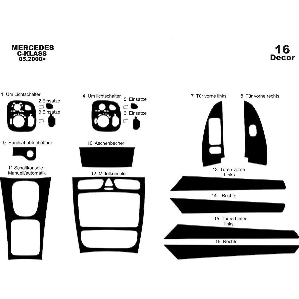 Meriç® Mercedes C Serisi Ön Torpido Kaplama 16 Parça 2000-2006