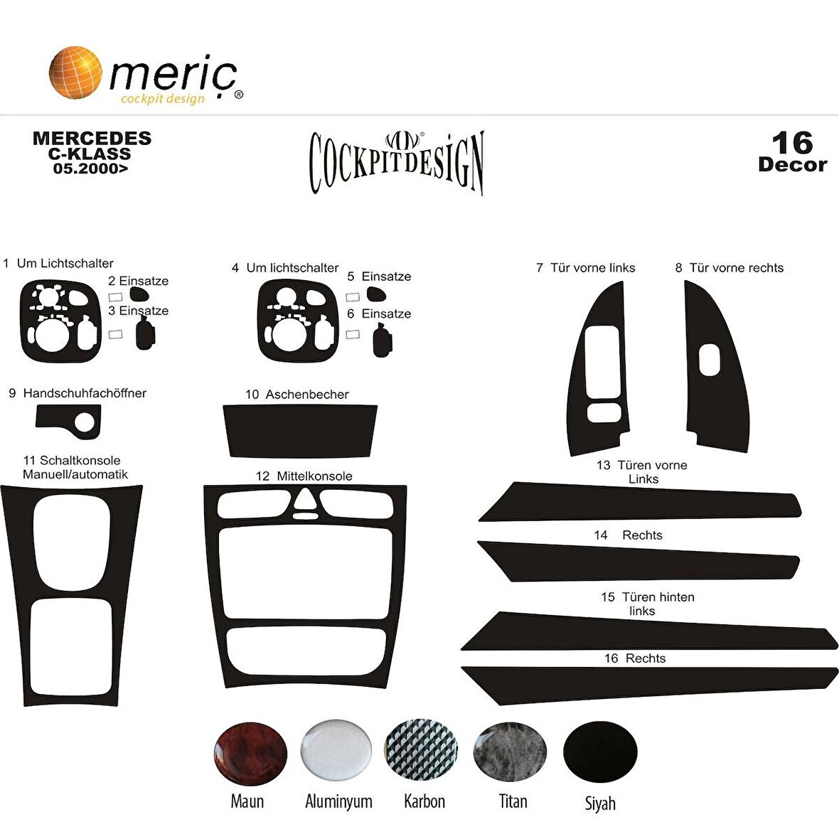 Meriç® Mercedes C Serisi Ön Torpido Kaplama 16 Parça 2000-2006