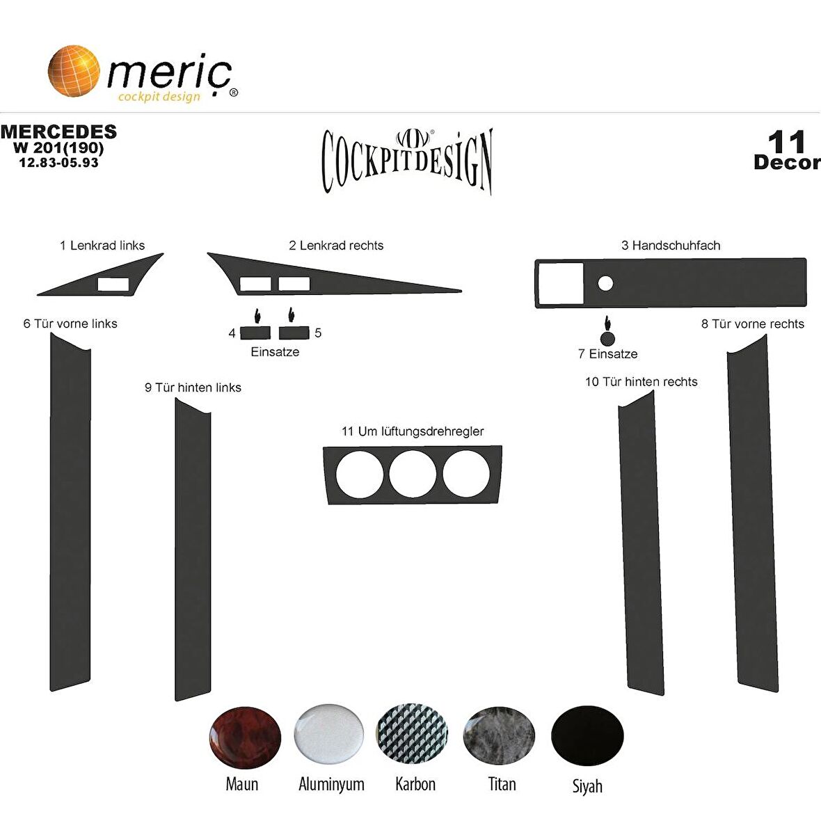 Meriç® Mercedes 190 Ön Torpido Kaplama 11 Parça 1983-1993