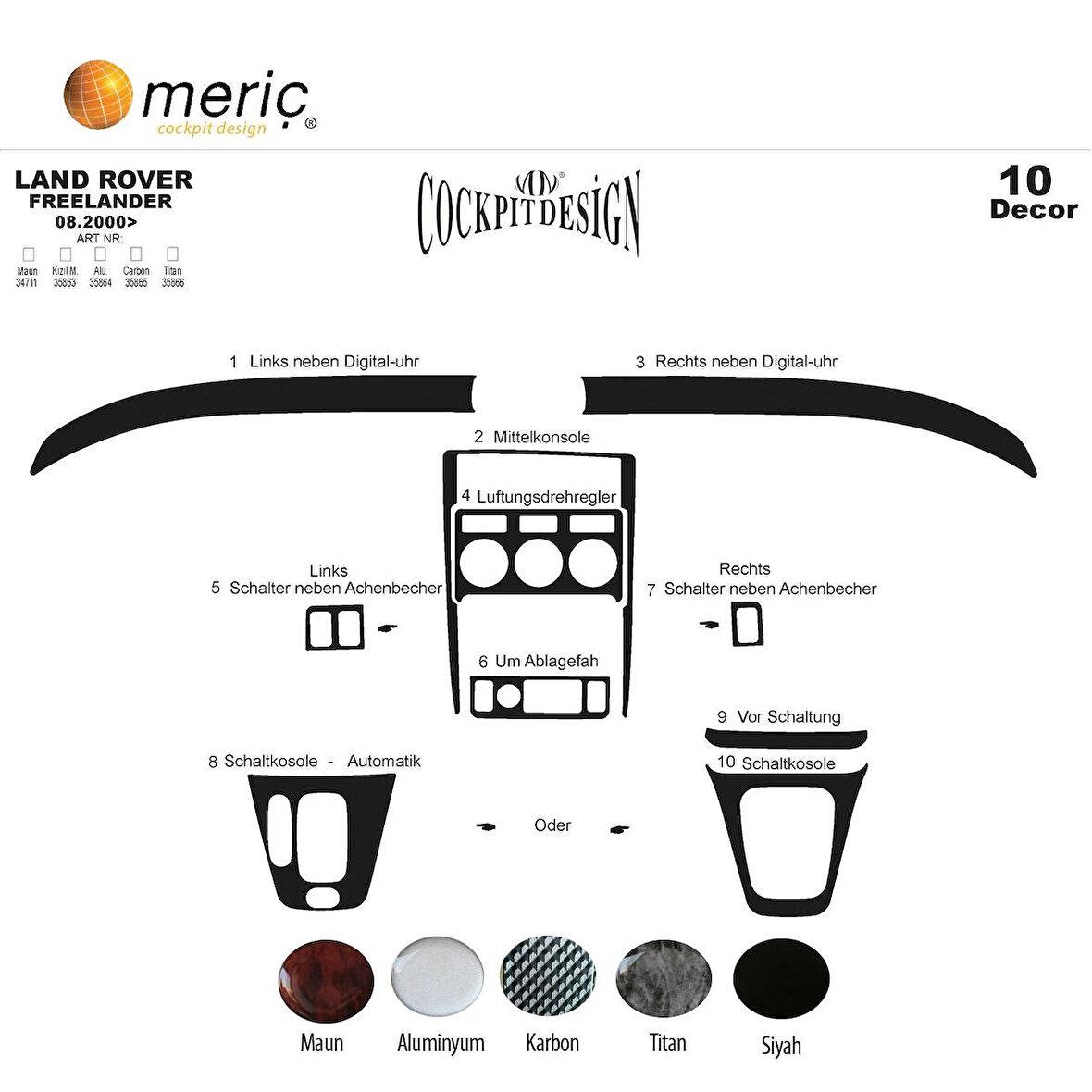 Meriç® Land Rover Freelander Ön Torpido Kaplama 10 Parça 2000-2003