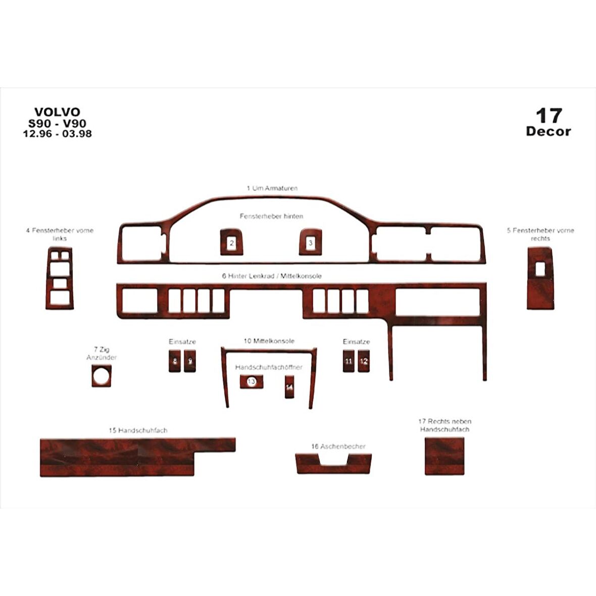Meriç® Volvo S90 / V90 Ön Torpido Kaplama 17 Parça 1996-1998