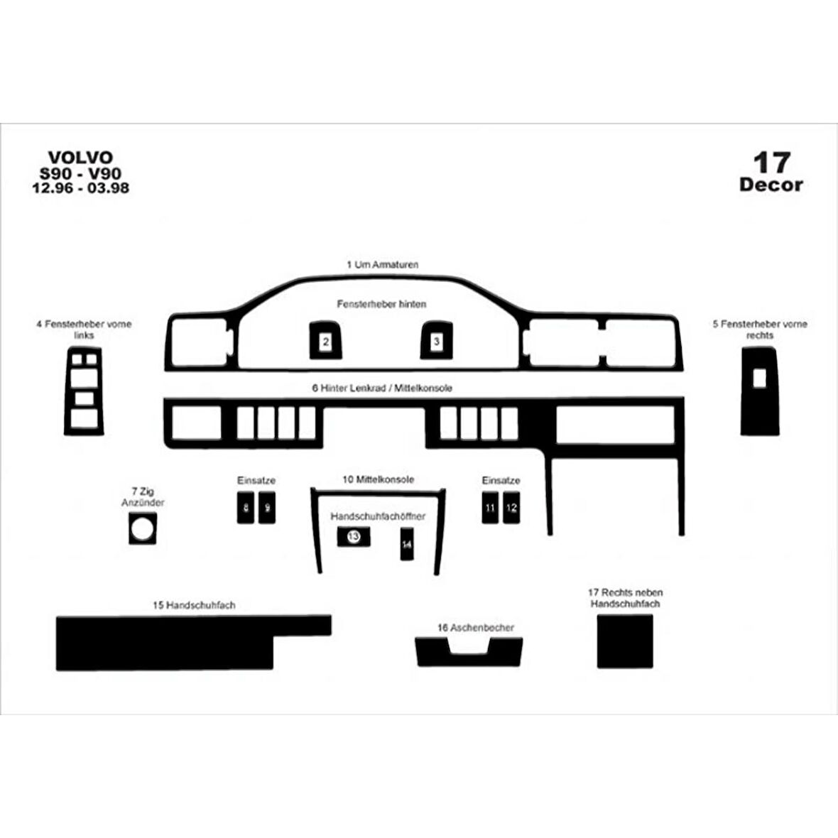 Meriç® Volvo S90 / V90 Ön Torpido Kaplama 17 Parça 1996-1998