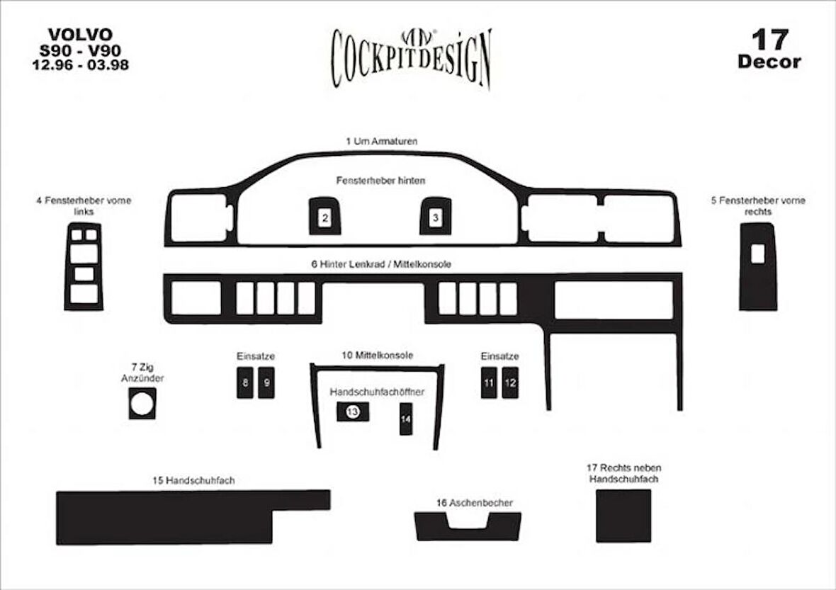 Meriç® Volvo S90 / V90 Ön Torpido Kaplama 17 Parça 1996-1998
