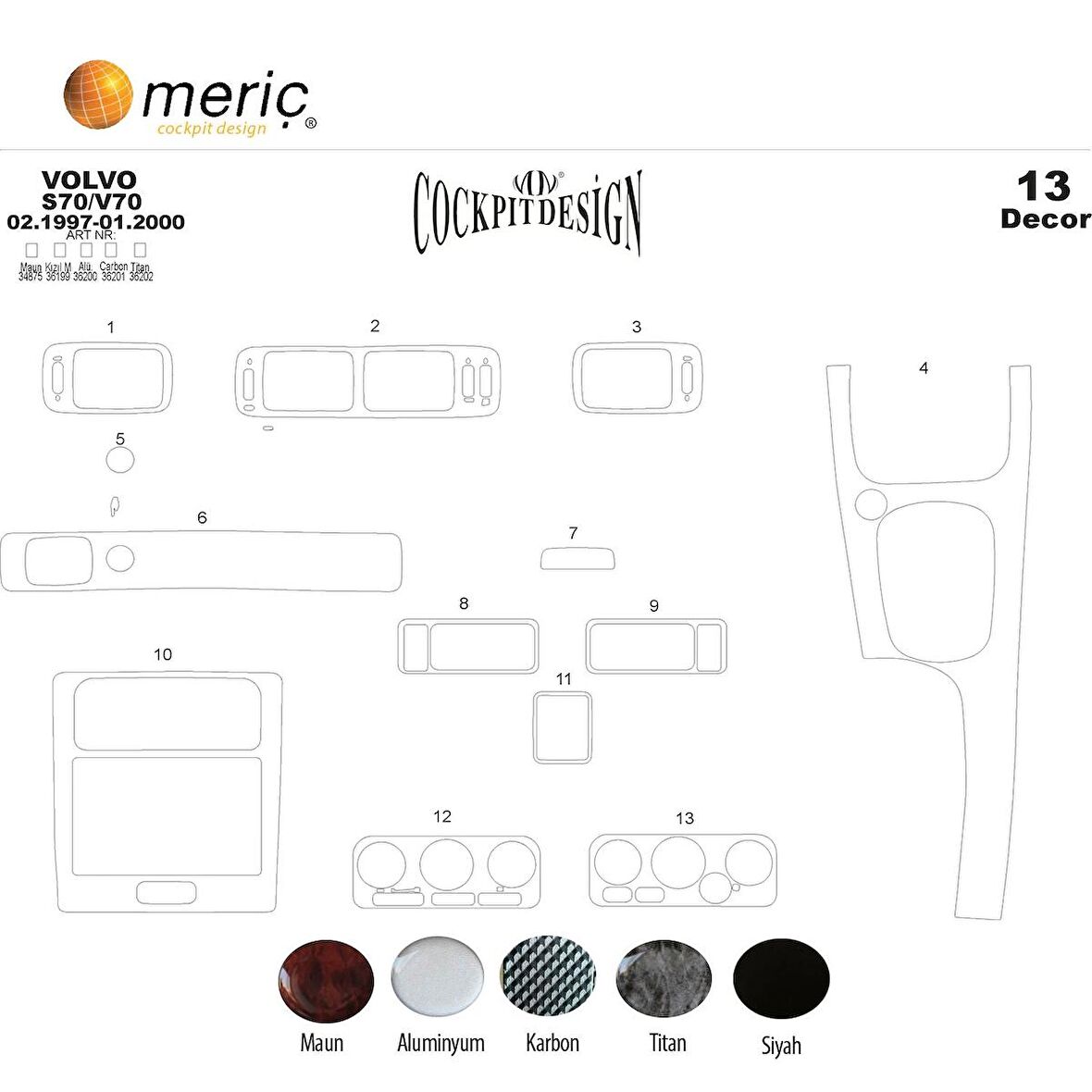 Meriç® Volvo S70 / V70 Ön Torpido Kaplama 13 Parça 1997-1999