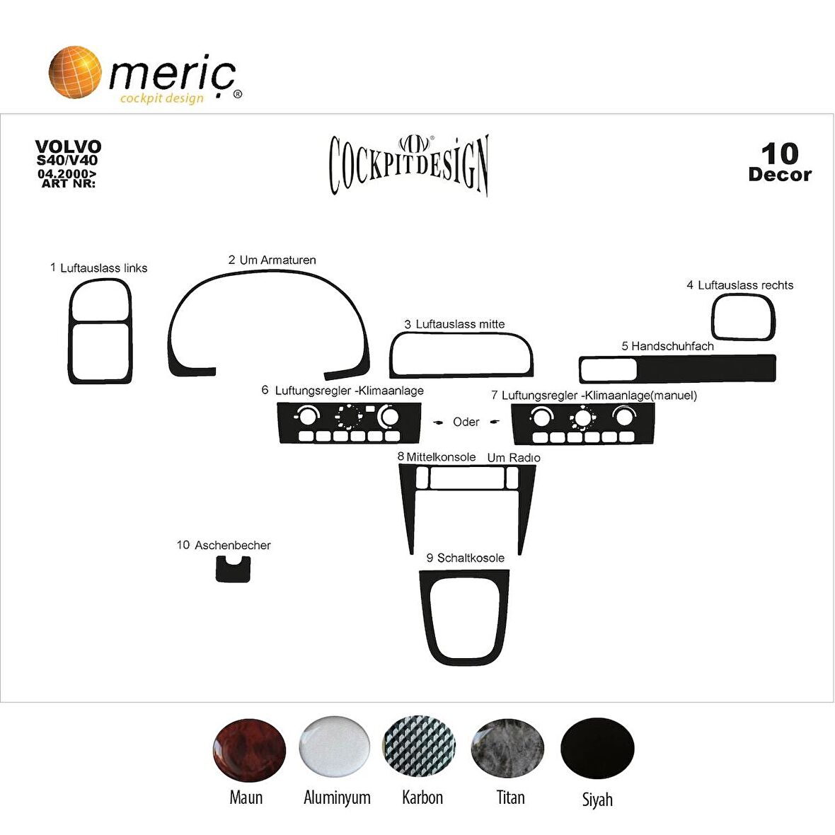 Meriç® Volvo S40 / V40 Alüminyum Kaplama 10 Parça 2000-2003