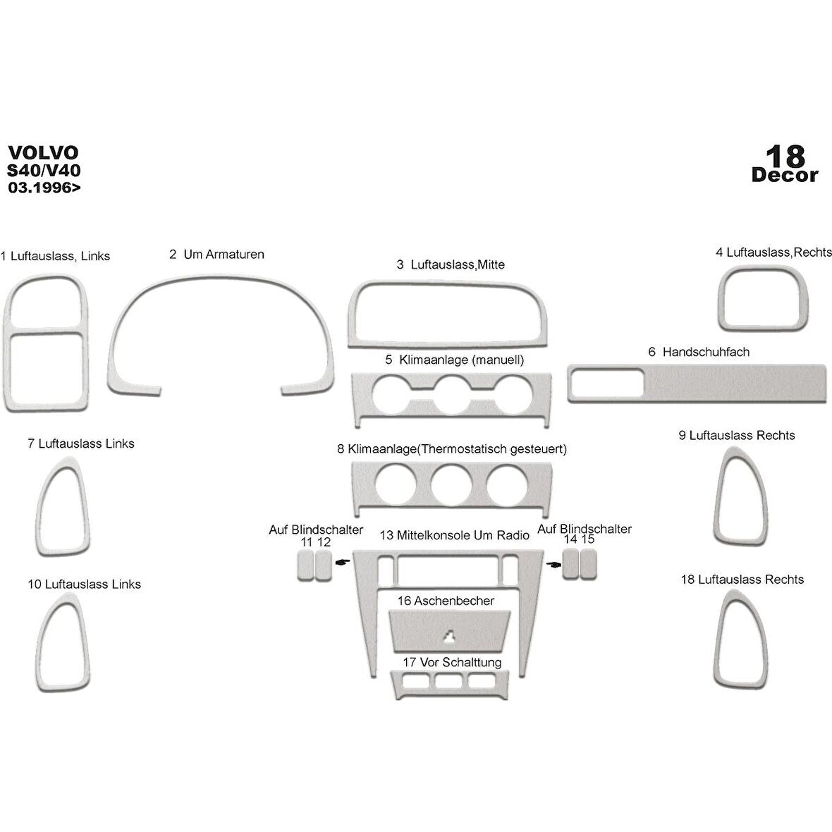 Meriç® Volvo S40 / V40 Ön Torpido Kaplama 18 Parça 1996-2000