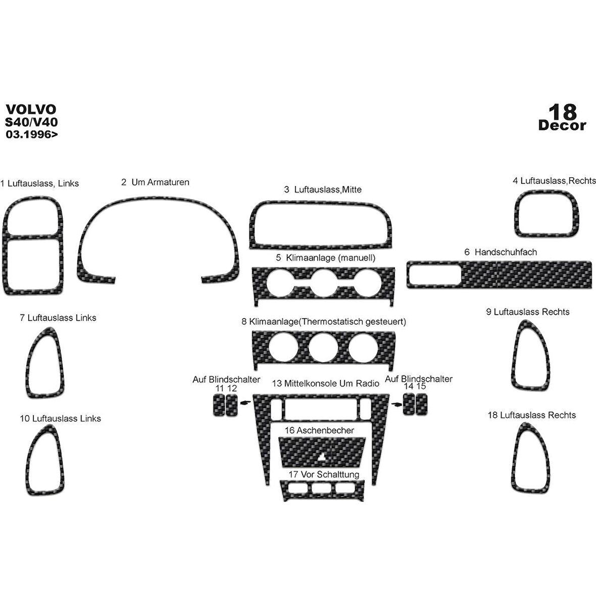 Meriç® Volvo S40 / V40 Ön Torpido Kaplama 18 Parça 1996-2000