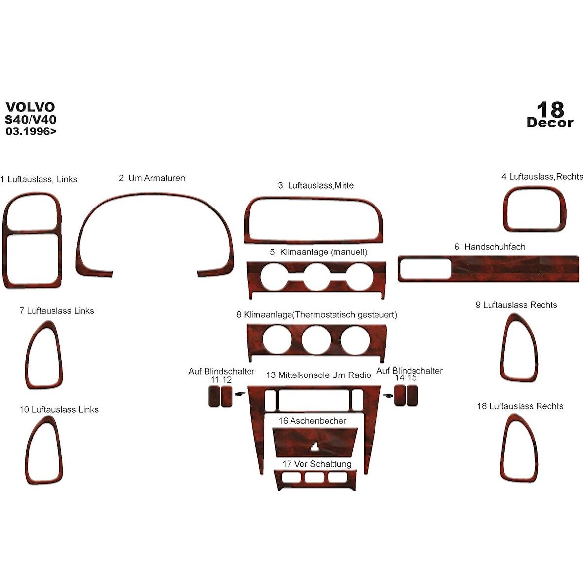 Meriç® Volvo S40 / V40 Ön Torpido Kaplama 18 Parça 1996-2000