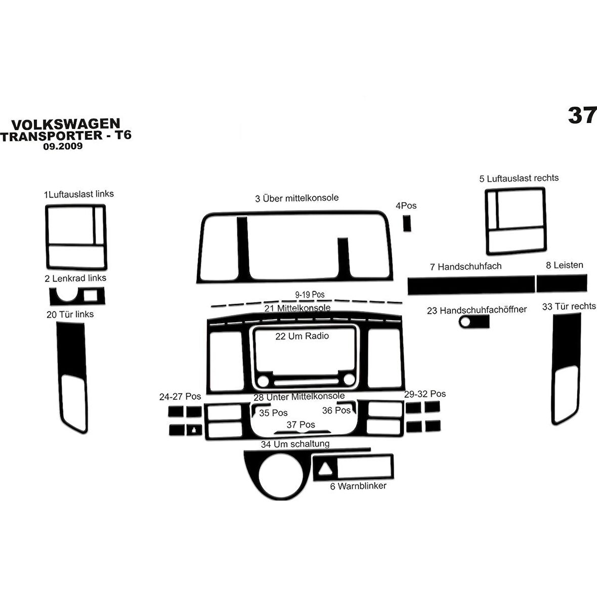 Meriç® VW Transporter T5 Ön Torpido Kaplama 37 Parça 2009-2014