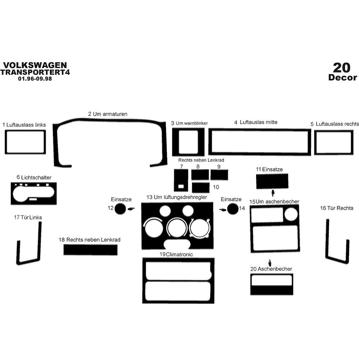 Meriç® VW Transporter T4 Ön Torpido Kaplama 20 Parça 1996-1998